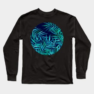 Watercolor Palm Leaves on Navy Long Sleeve T-Shirt